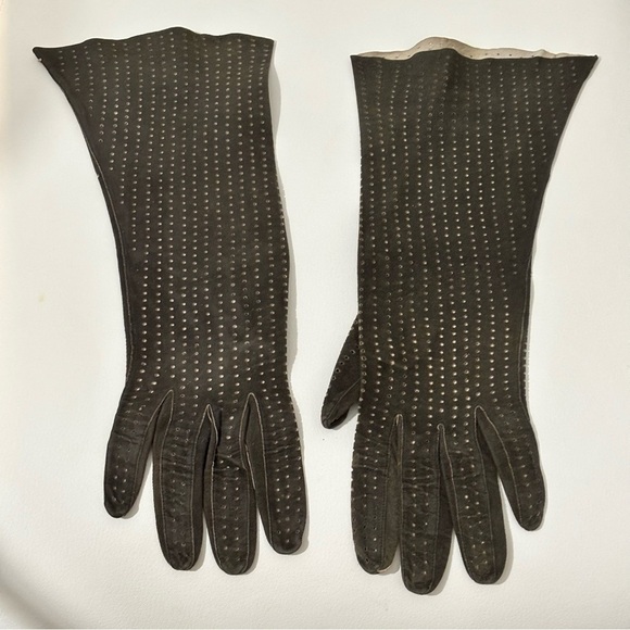 Vintage perforated brown leather gloves long size 6.5 - Picture 1 of 8